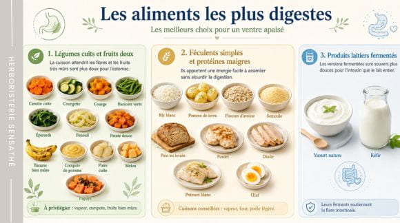 Aliments faciles à digérer  légumes cuits, fruits doux, féculents simples, protéines maigres et yaourt - Herboristerie Sensathé